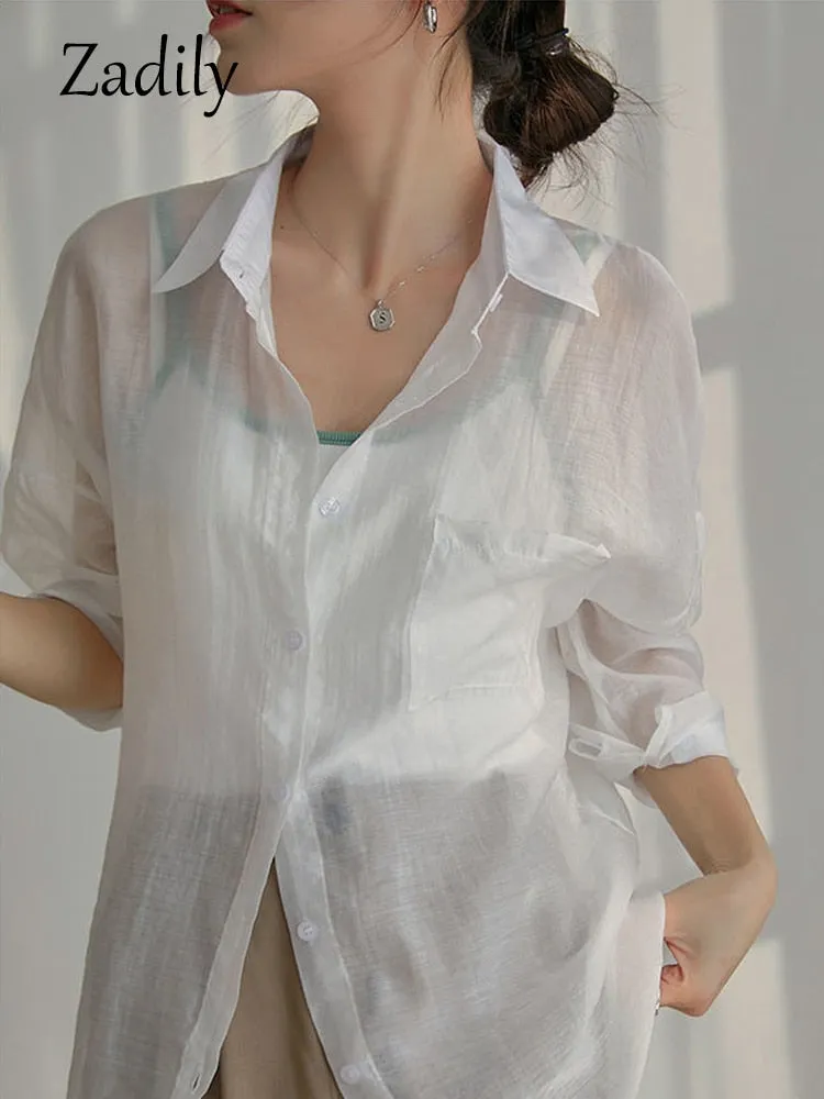 znbbw 2023 Summer Long Sleeve Chiffon White Shirt Women Transparent Button Sun Protection Ladies Blouse Beach Female Clothing - Image 7
