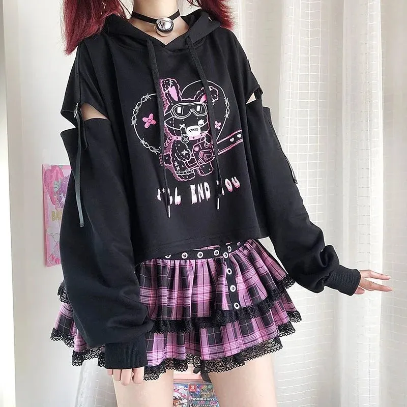 Znbbw Autumn New Hoodies Punk Gothic Patchwork Hollow Out Y2k Clothes Cartoon Print Casual Loose Preppy Style Crop Sweatshirts - Image 5