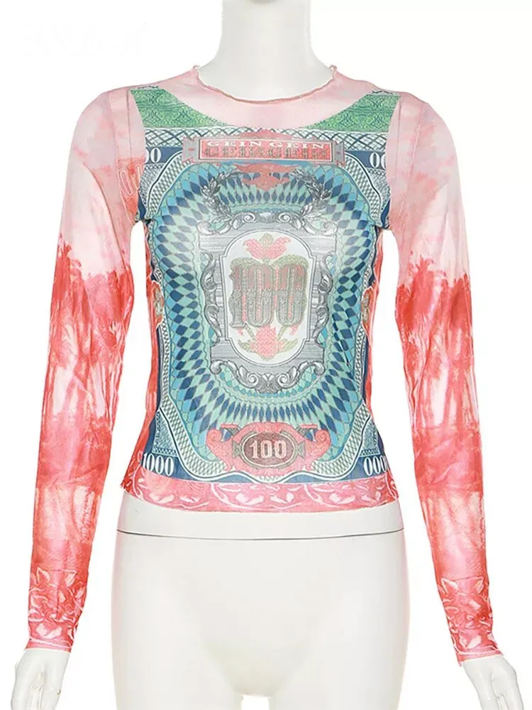 znbbw 2023 Aesthetic Print Women T Shirts Long Sleeve O Neck Y2K Summer Mesh See Through Crop Tops Sexy Skinny Casual Tee Punk 0410 - Image 6