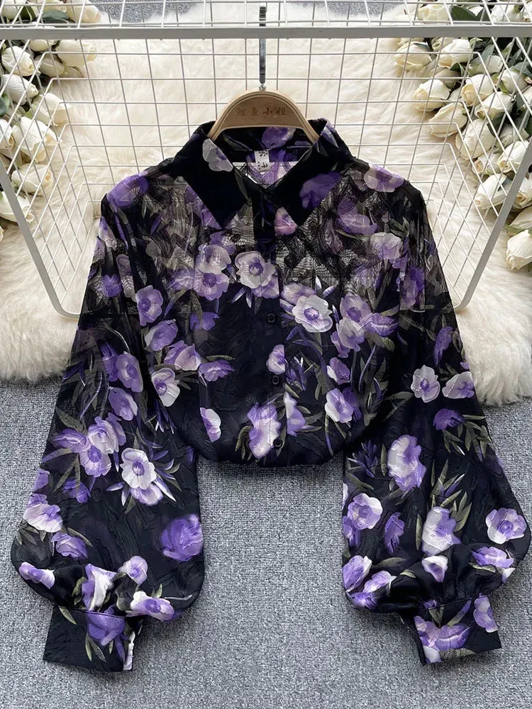 Znbbw Women Spring Shirt Korean Version Temperament High-end Floral Shirt with Bubble Sleeve Design Niche and Unique Top D5053 - Image 7