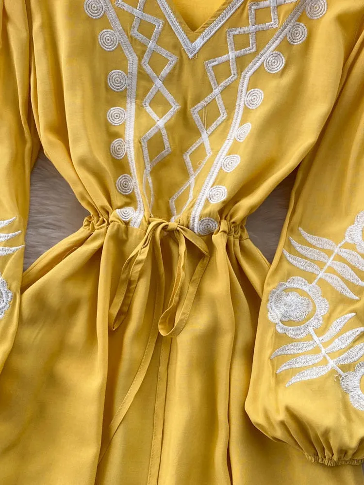 Znbbw Autumn Waist Slim Embroidery Temperament V-neck Dress Female Hepburn Style Lantern Sleeve Black Long Vestidos Women D1570 - Image 2