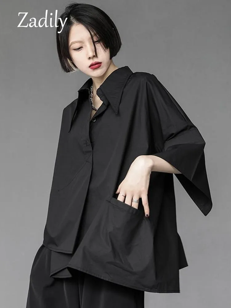 znbbw 2023 Summer New Half Sleeve Oversize Gothic Shirt Women Y2K Asymmetrical Black Button Ladies Blouse Street Clothing Tops - Image 4