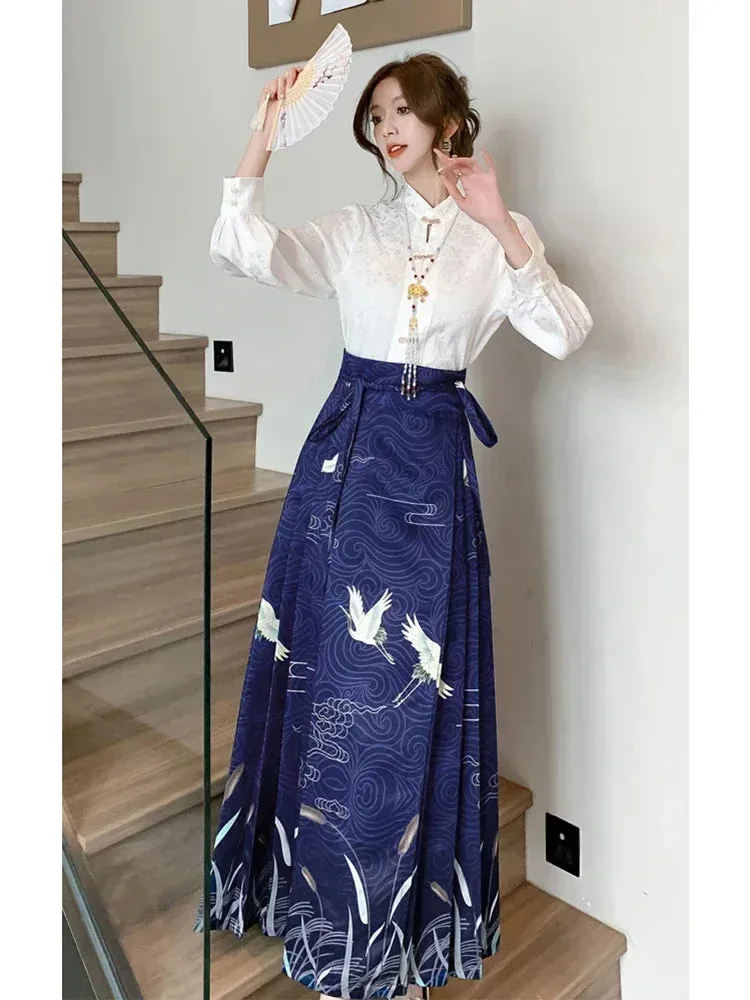 Znbbw Women Spring Autumn New Chinese Style Printing Leisure Time Temperament Hanfu Horse Face Skirt Satin Fabric Long Skirt  D5322 - Image 4