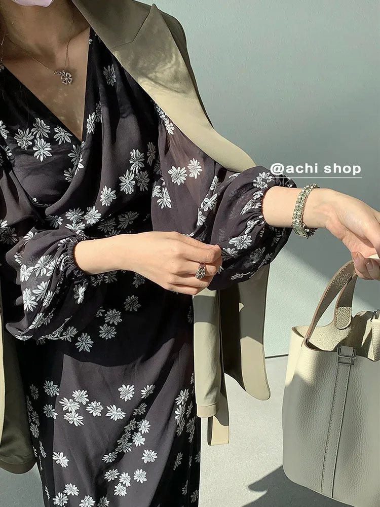 znbbw Women's Elegant V-neck Floral Ladies Dress Long Sleeve Lace-up 2023 Summer's Dress Slim Waist A-line Dress Ladies Clothing - Image 2