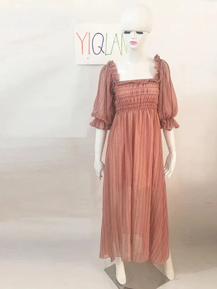 Znbbw Women's Dress New Square Collar Wooden Ear Bubble Sleeve Dress Korean Style Waist Slim Chiffon Female Dresses LL087 - Image 6