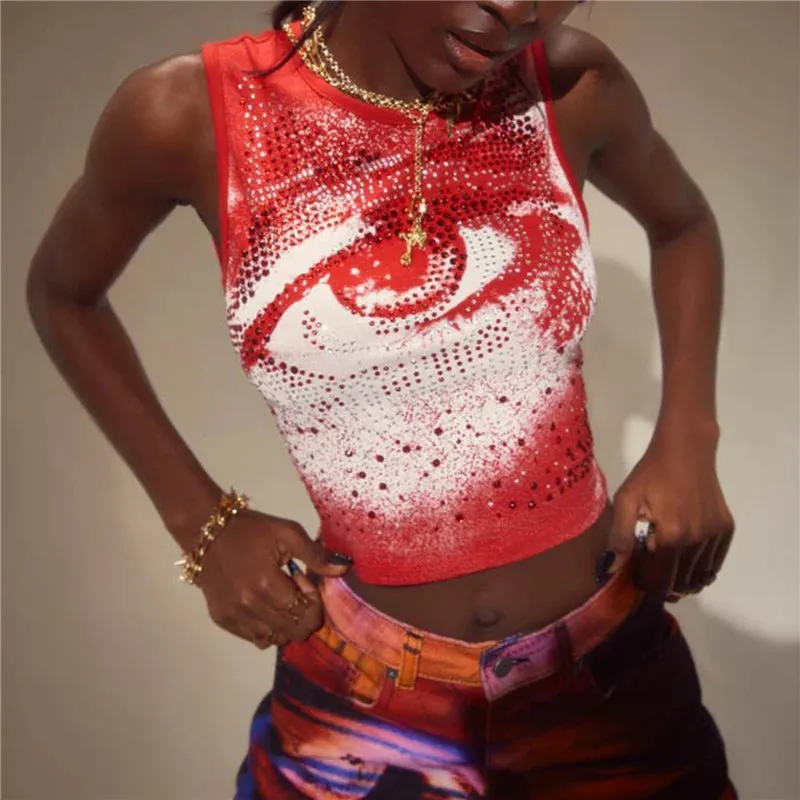 Znbbw Y2k E-girl Gothic Grunge Tank Top Rhinestone Eye Print Aesthetic Dark Academia Sleeveless Round Neck Crop Top Mini Vest - Image 7