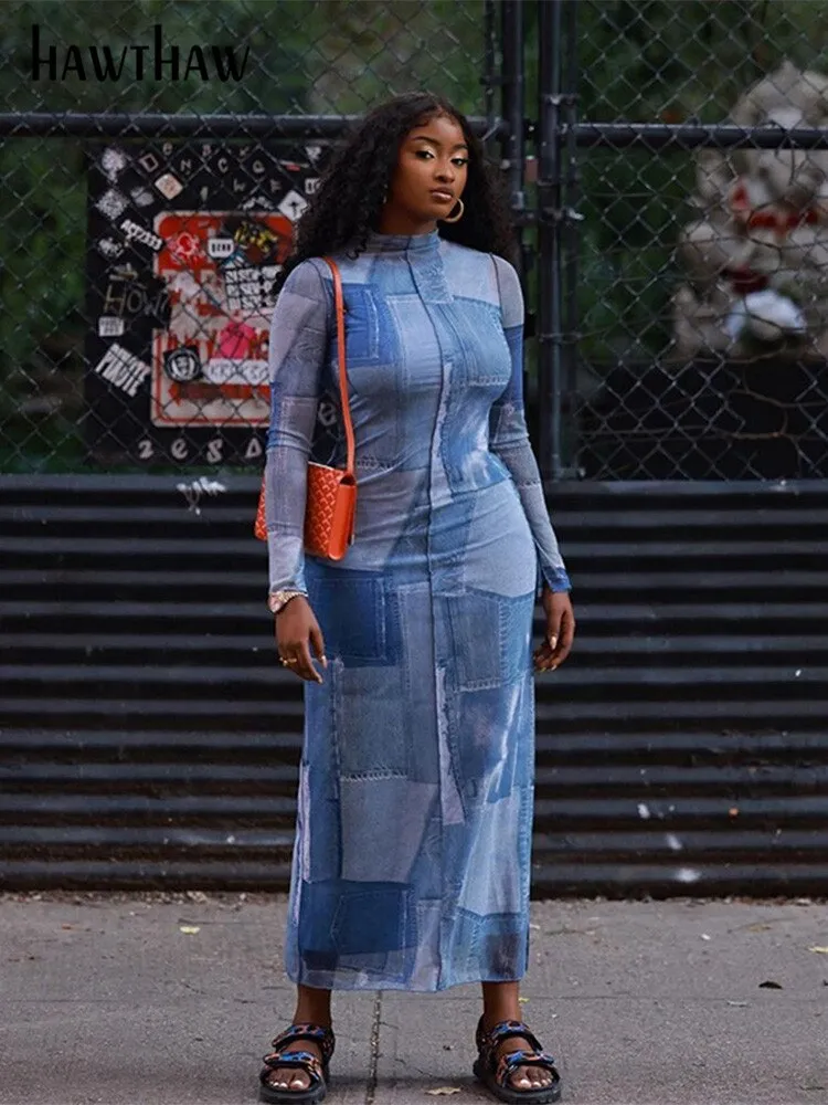 Znbbw Women Fashion Long Sleeve Bodycon Printed Streetwear Midi Dress 2023 Autumn Fall Clothing Wholesale Items For Business