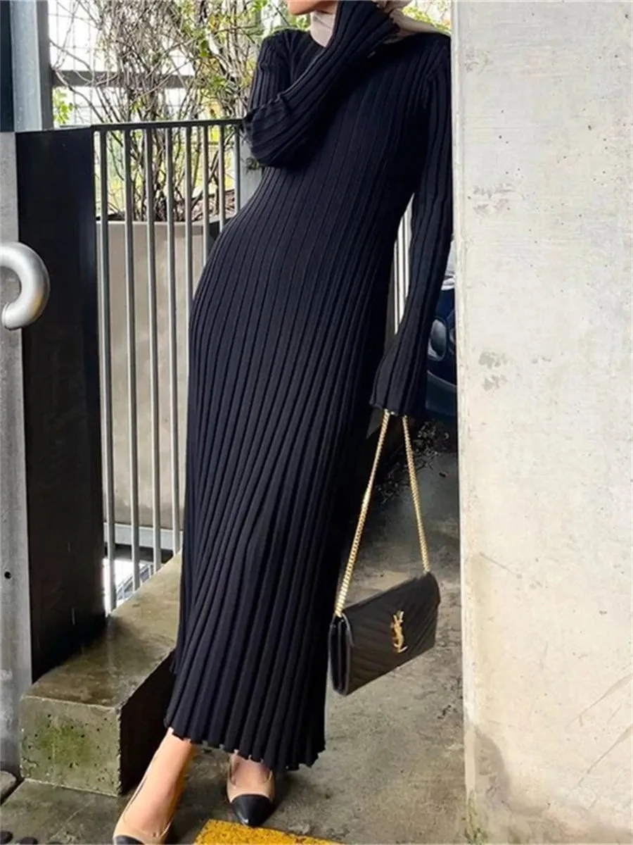 Znbbw Women's Knit Ribbed Long Dress Long Sleeve O Neck Wrapped Pencil Dress robe femme vestidos de mujer casual elegante - Image 3