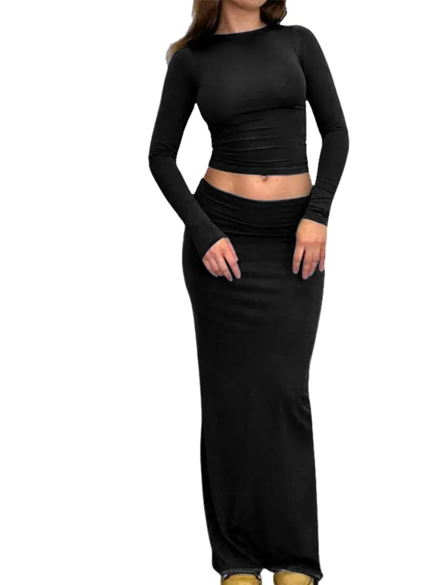 Znbbw 2 Piece Sets for Women Autumn Solid Slim Long Sleeve O-neck Crop Tops+High Waist Bodycon Long Skirts Casual Outfits Clothes - Image 5