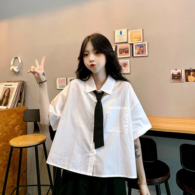 Znbbw Women Shirts Blouse Summer Oversized Blouses Short Sleeve Short Shirt Preppy Style White Cropped Students JK Uniform - Image 3