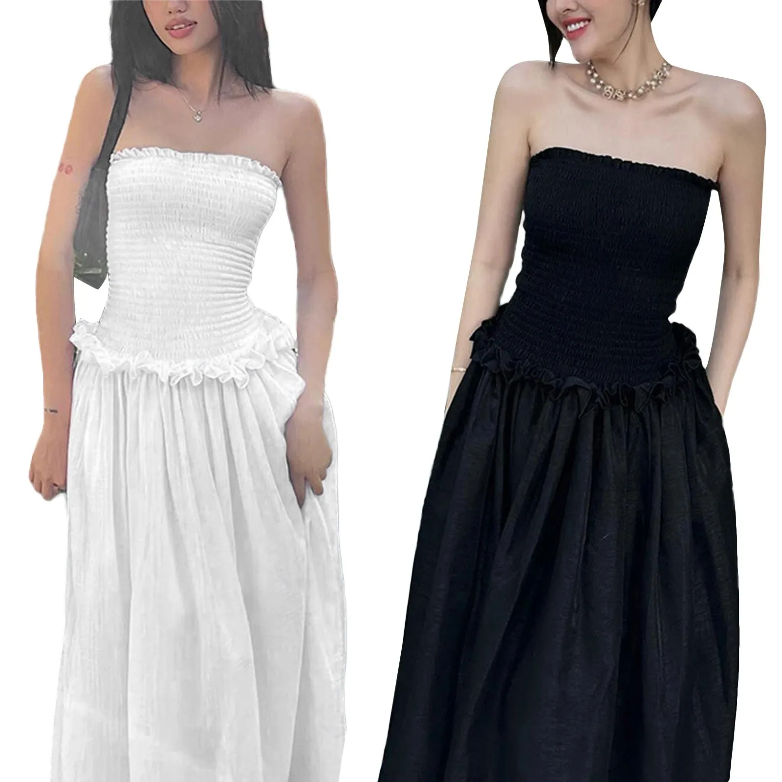 Znbbw Women Summer Off Shoulder Ruched Bust Ruffle Trim Tube Top Dress  Ruched Frills Strapless Sleeveless Party Long Dress - Image 5