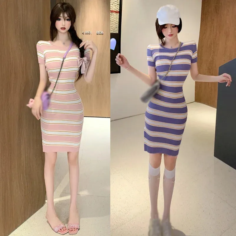 Znbbw Women's Dress  Hip Striped Elegant Short-sleeved  Knit Crew Neck Dress - Image 3