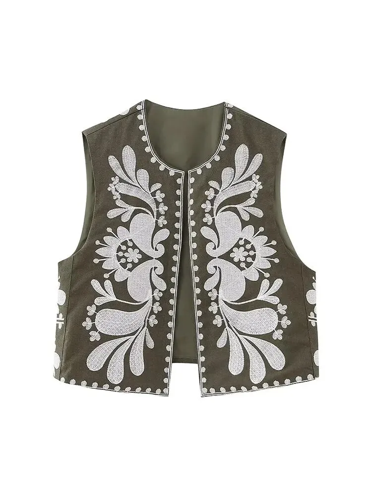 Znbbw TRAF Embroidered Vests Top Women Vest 2023 Summer Loose Waistcoat Ladies Cardigan Outwear Top Sleeveless Tops Chic Tank - Image 6