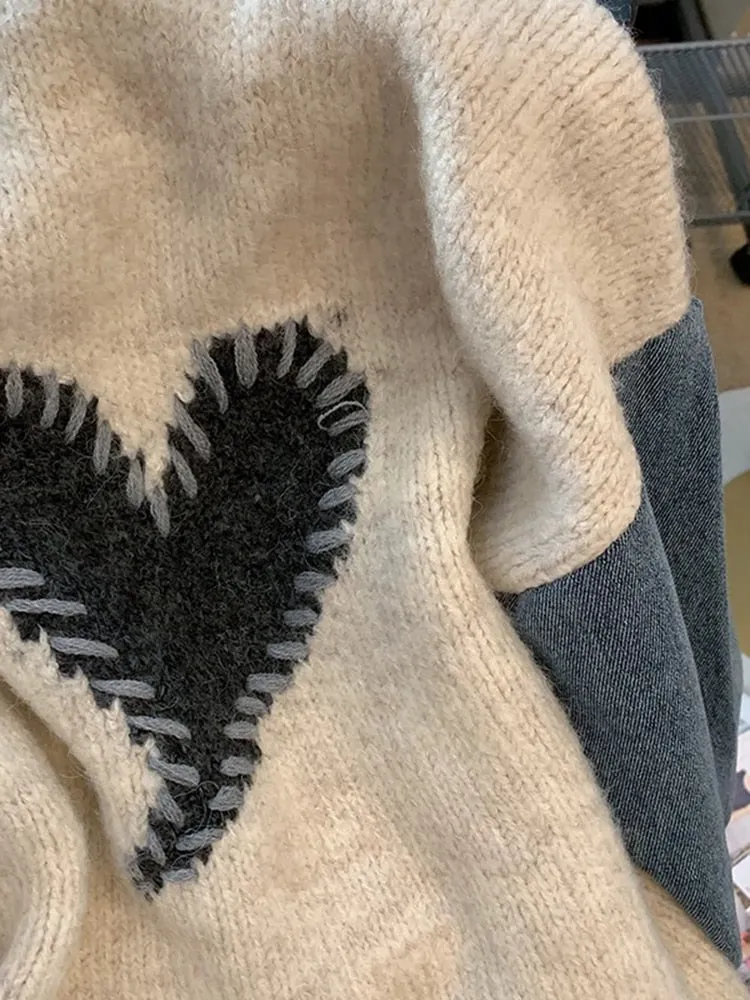 znbbw Autumn Winter Women Denim Patchwork Sweater Long Sleeve O-Neck Heart Pattern Knitted Pullovers Loose Stitching Sweatshirt - Image 3