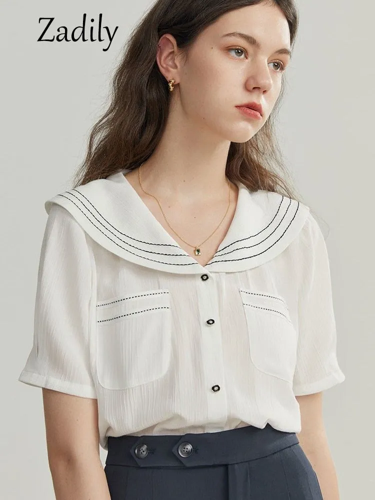 znbbw 2023 Summer French style Short Sleeve White Shirt Women Sailor Collar Solid Button Blouse Work Female Clothing Tops - Image 5
