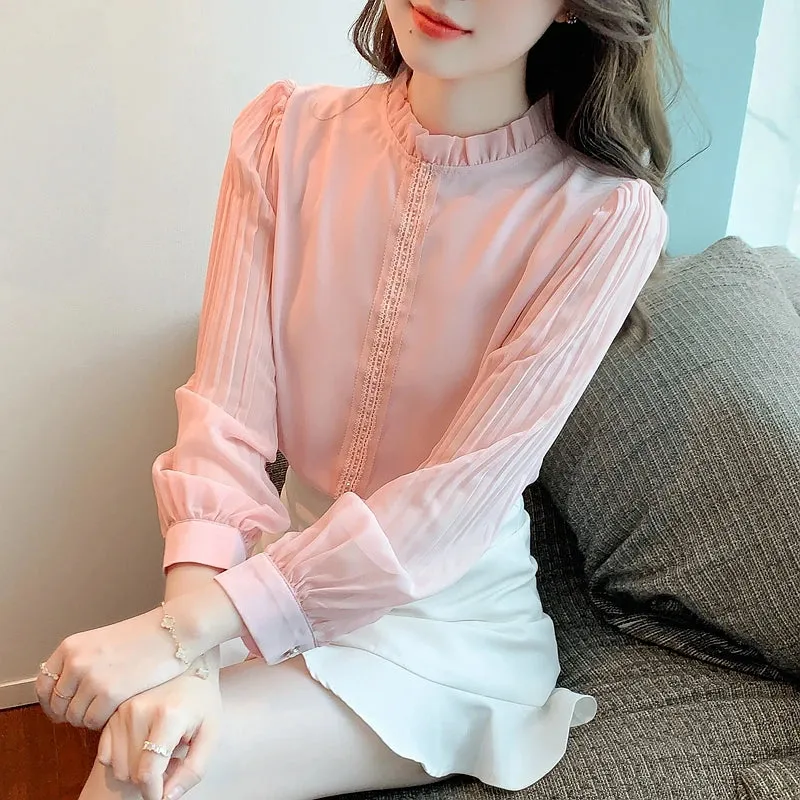 Znbbw Women Pink Chiffon Blouse Shirt Women Tops Blusas Mujer De Moda 2023 Long Sleeve Blouse Women Shirts Blouses Femme F447 - Image 3