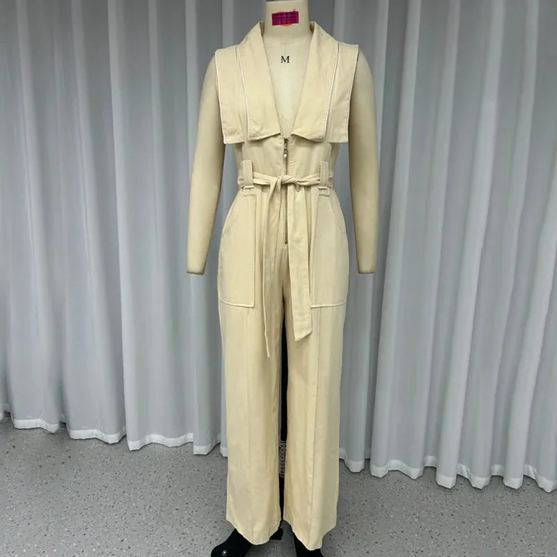 Znbbw Women Jumpsuits Autumn Fashion Casual V Neck Sleeveless Solid Nipped Waist Lace Up Long Pants Rompers High Streetwear - Image 3