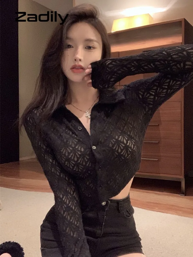 znbbw 2023 Summer Sexy Long Sleeve Lace White Shirt Women Street Style Y2K Button Transparent Crop Tops New Female Clothing - Image 6