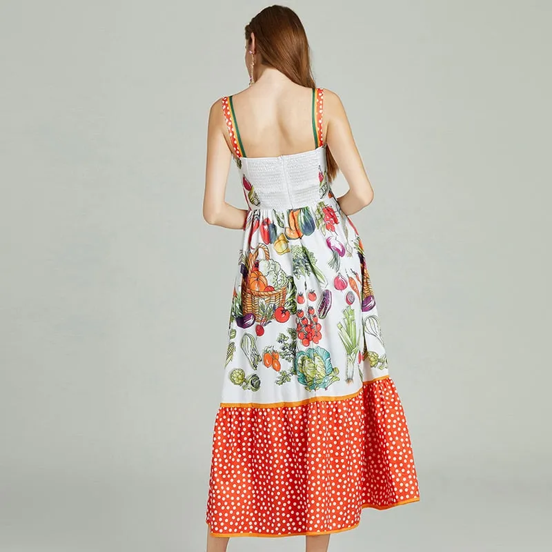 Znbbw Runway Designer Summer Dress Women's V-Neck Spaghetti Strap Vintage Fruit and Vegetable Print Party Midi Dress - Image 3