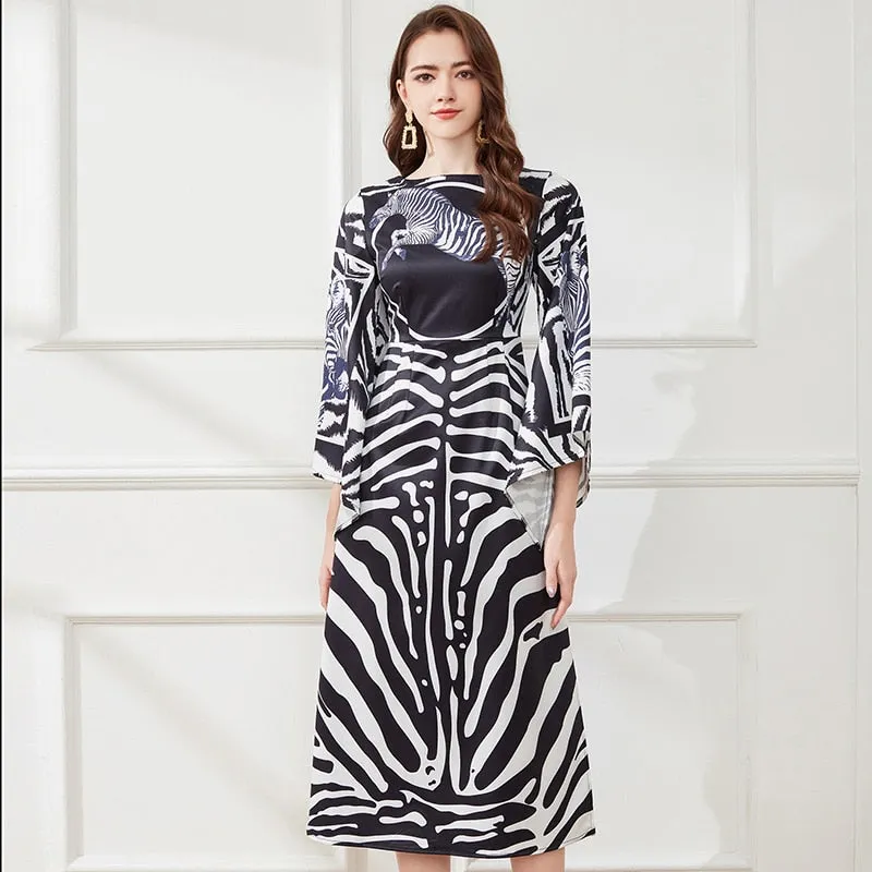 Znbbw Women Sexy Slim O-Neck Dress Summer Fashion Black and White Zebra Print Dresses Female Vintage Flare Sleeve Dress - Image 2