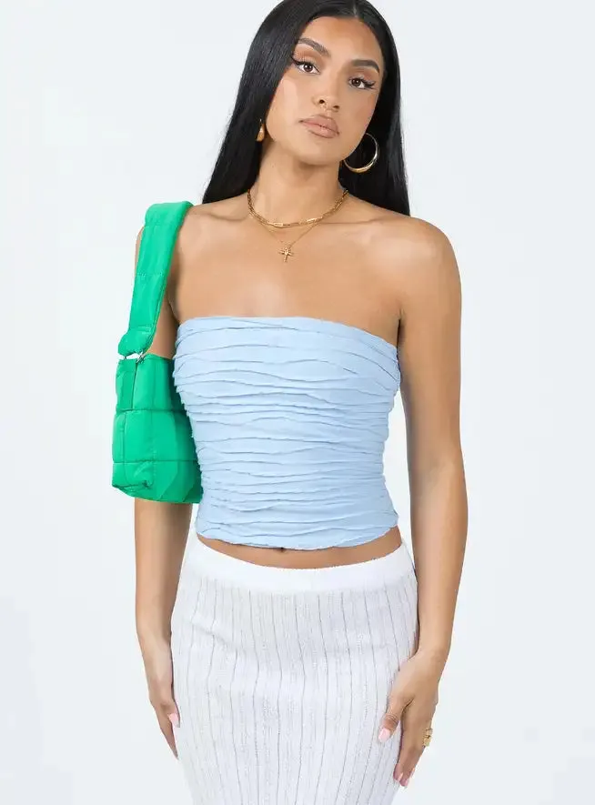 Znbbw Women Summer Cute Skinny Tube Tops Blue Sleeveless Backless Off Shoulder Ruched Bandeau Crop Tops Streetwear y2k - Image 2