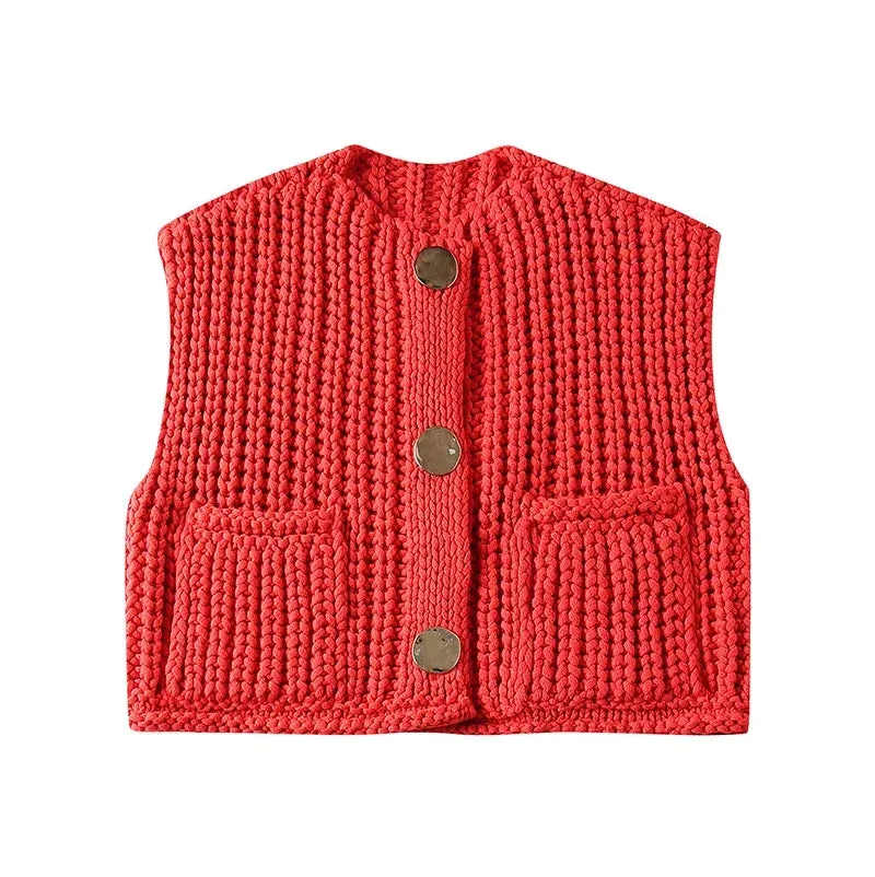 Znbbw Women Knit Cardigan Vest Casual Red Sleeveless O-neck Metal Button Sweater Tank Top Lady High Street Knitted Waistcoat - Image 7