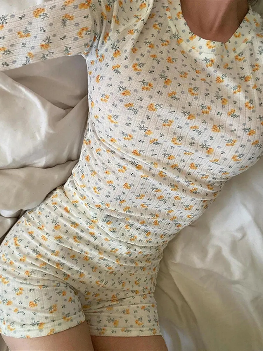 Znbbw Women Spring Summer Two Pieces Knitted Shorts Set Long Sleeve Floral T-shirts Crop Tops High Waist Shorts Outfits Streetwear - Image 4