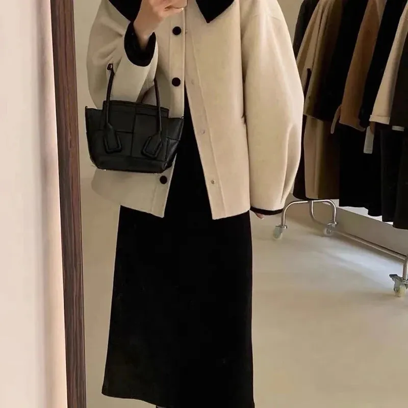 Znbbw Wool Blends Coats Women Korean Cropped Woolen Overcoat Sweet Peter Pan Collar Short Jackets Streetwear Casual Outwear - Image 6