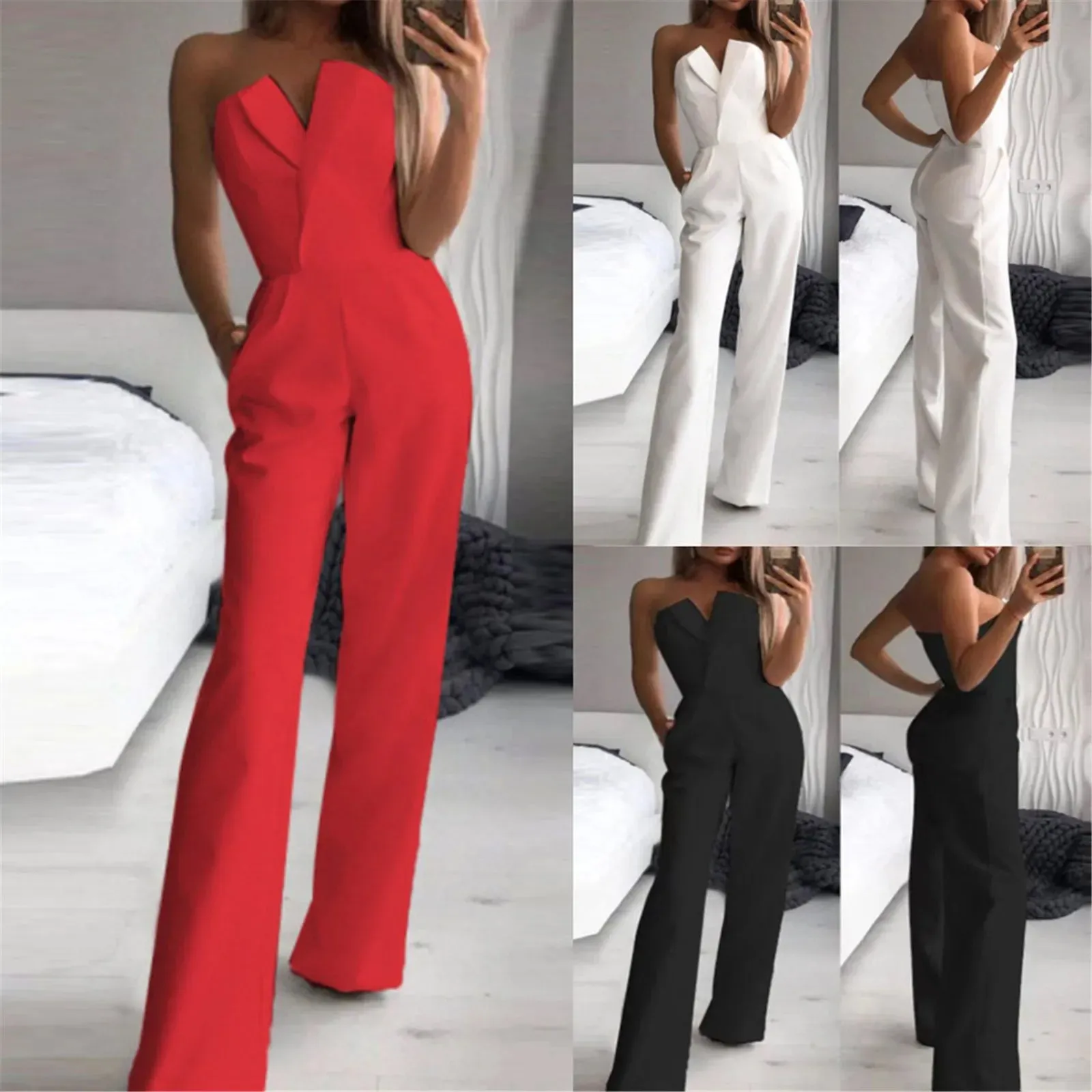 Znbbw Women Solid Tube Top Sleeveless Jumpsuits Rompers Fashion Cold Shoulder Pocket Wide Leg Jumpsuit Office Lady Elegant Suits