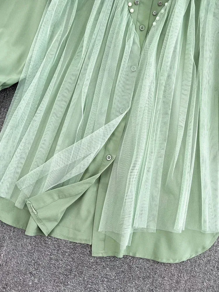 Znbbw Autumn High-end Mesh Gauze Studded Beads POLO Collar Dress Female Cold Wind White Temperament Shirt Top Women Blouse D1489 - Image 3