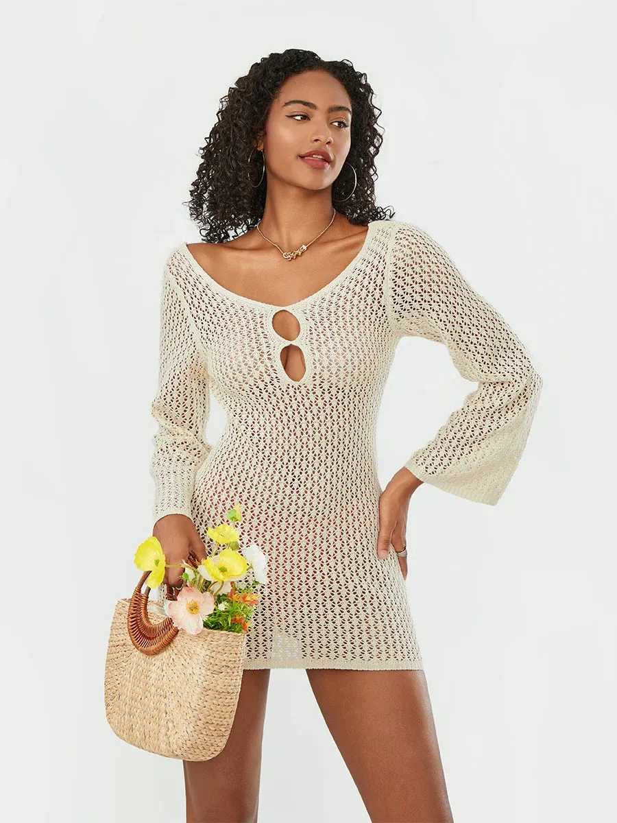 Znbbw Backless Cutout Crochet Knit Beach Mini Dress for Women Bikini Cover-ups Long Sleeve V-Neck Bodycon Short Dresses - Image 4