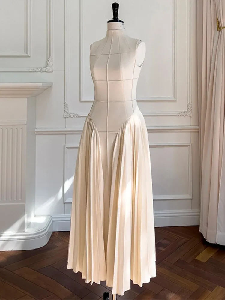 Znbbw Apricot Stand Collar Sleeveless Knit Dress For Women Robe Elegant High Quality Casual Slim Midi Dress Vestido - Image 2