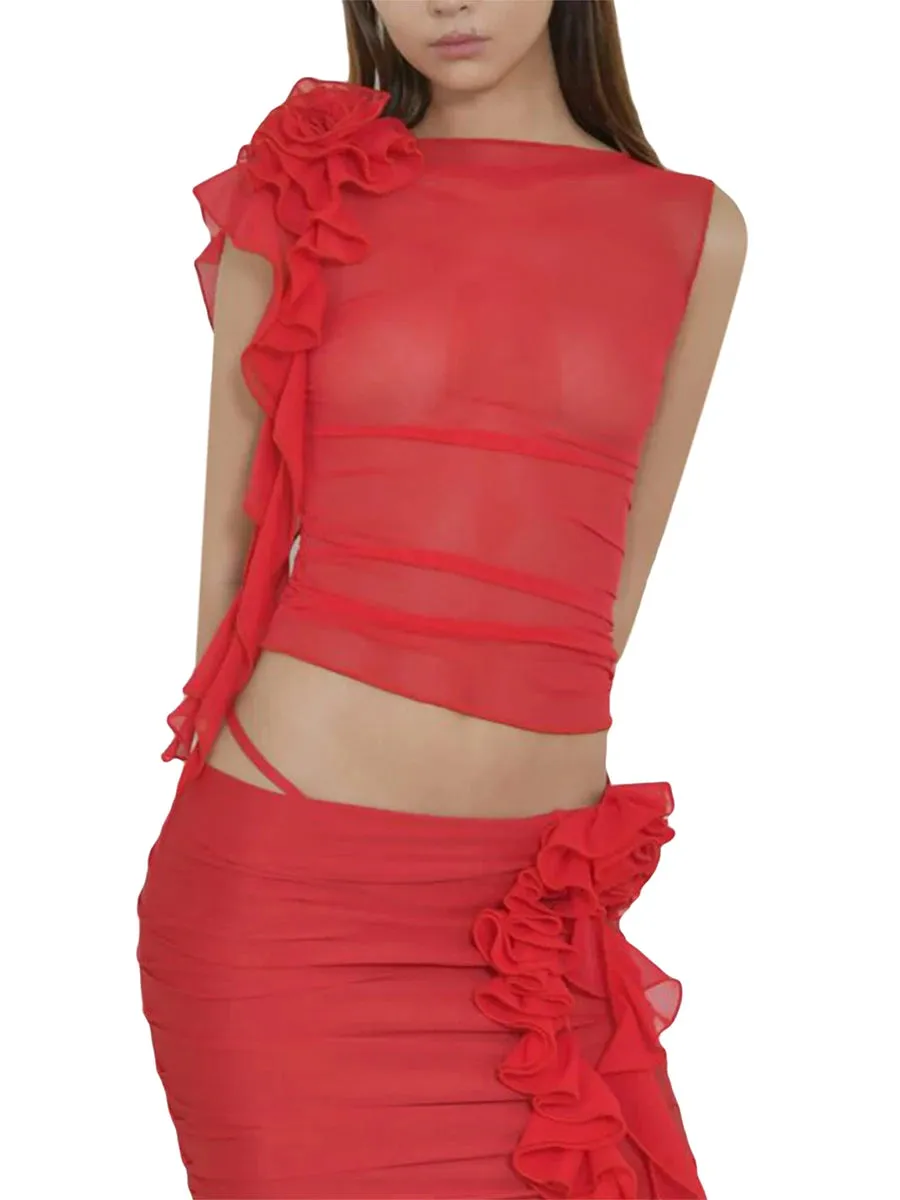 Znbbw Women Sexy Tassel Ruffle Tanks Top Y2k Sleeveless Mesh See-Through Slim Crop Cami Summer 3D Flower Sleeveless Shirt Streetwear - Image 7