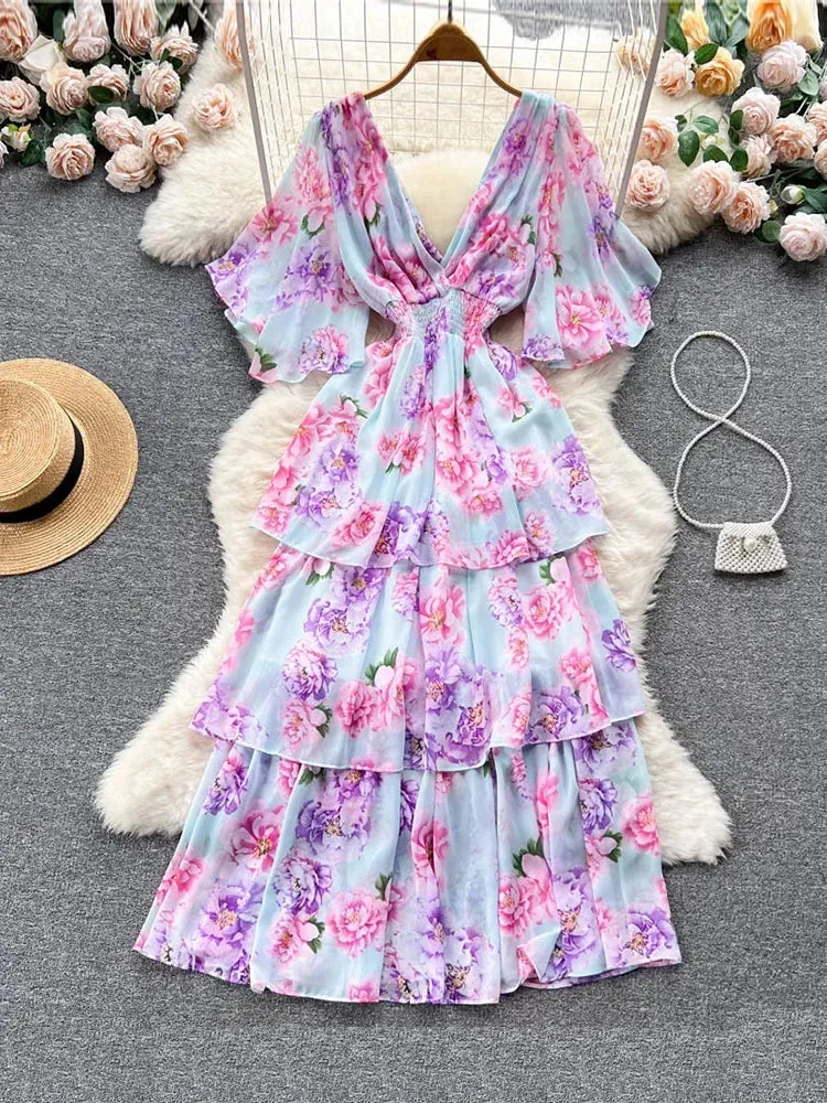 Znbbw Women Summer Dress New Style Gentle Style Short Sleeve V-neck Printed Waist Closing Cake Dress Sweet Fairy Vestidos D2548