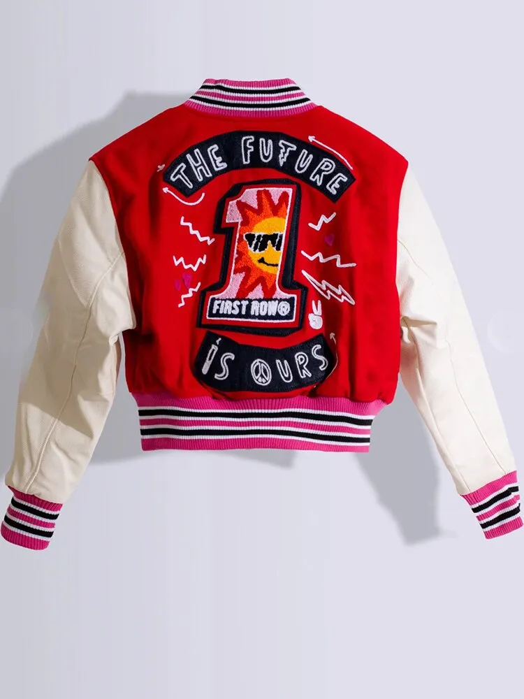 znbbw Autumn Letter Print Patchwork Varsity Jackets Casual Outfit For Women 2023 Long Sleeve Button Up Cropped Jacket Female - Image 3