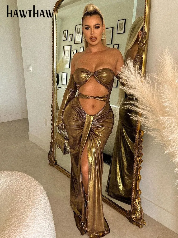 Znbbw Women Party Club Evening Streetwear Bodycon Gold Long Dress 2023 Autumn Fall Clothing Wholesale Items For Business 0410 - Image 3