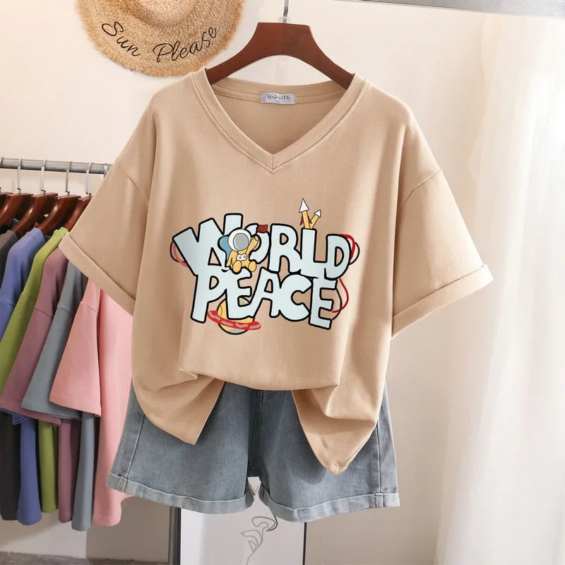 Znbbw 100 Cotton L-5XL T Shirt Plus Size Tshirt Short Sleeve Women Top Summer Letter Print Couple V Neck Oversized T Shirts - Image 7