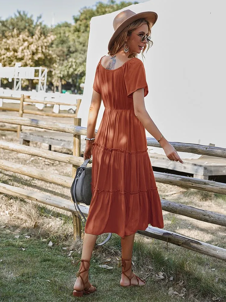 Znbbw Women Summer Dress 2023 Kaftan Solid Buttons Dress For Women Casual Short Sleeve Midi Vestidos Female High Waist Cotton Dresses - Image 2