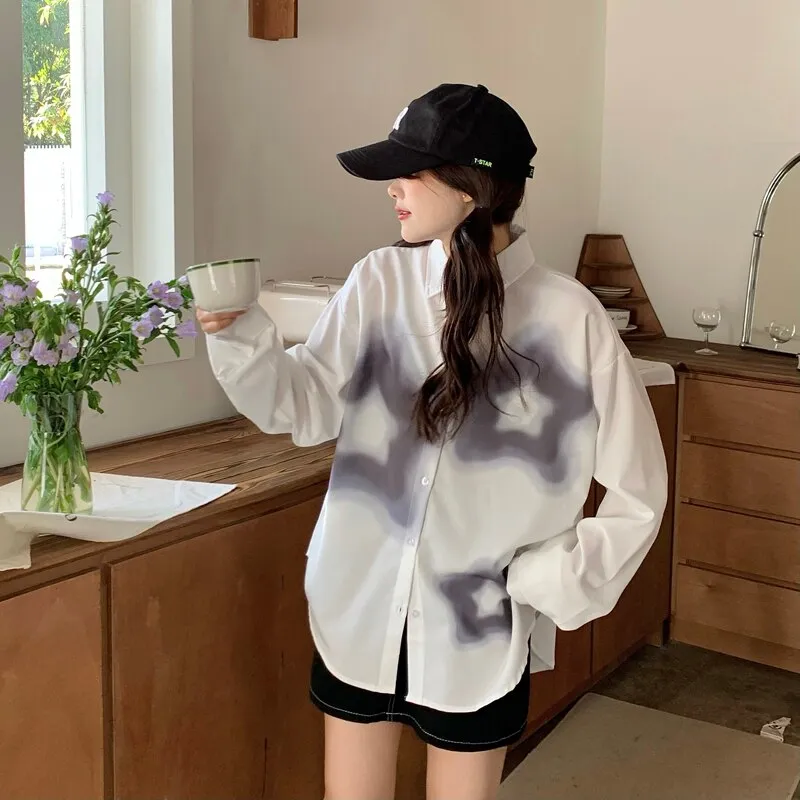 Znbbw Women's Star Printing Shirt 2023 Spring Contrast Color Long Sleeve Blouse Lapel Female All Match Clothing Top New - Image 6