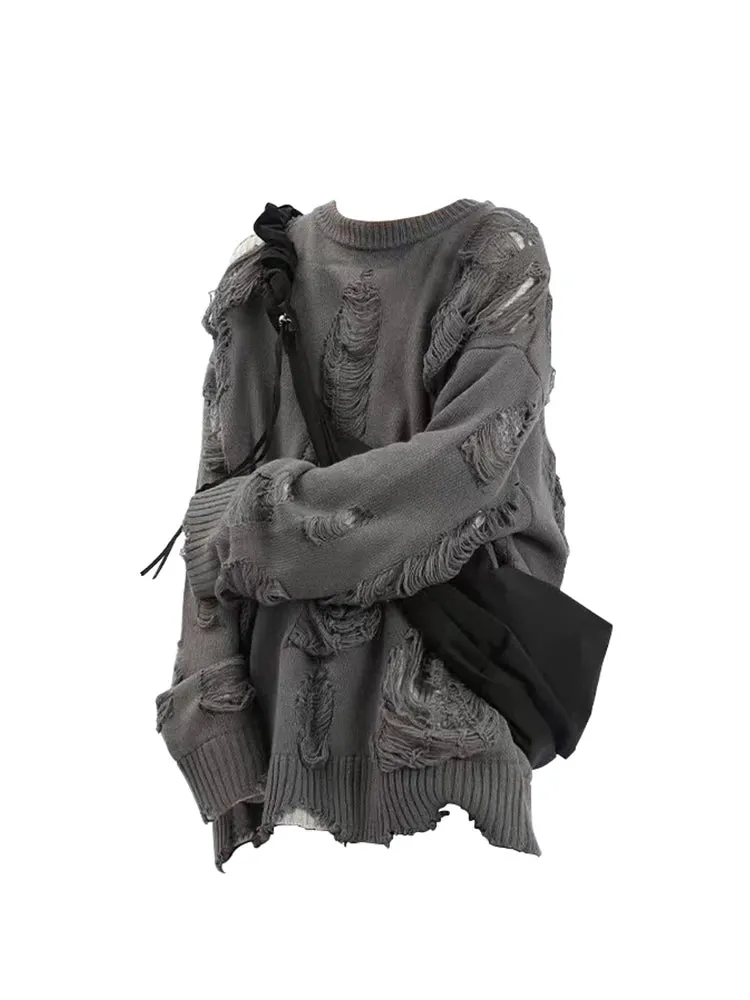 Znbbw Women's Grey Pullover Knitted Torn Sweater Harajuku Korean Y2k 90s Vintage Hollow Out Long Sleeve Sweaters Top Emo 2000s Clothes - Image 2