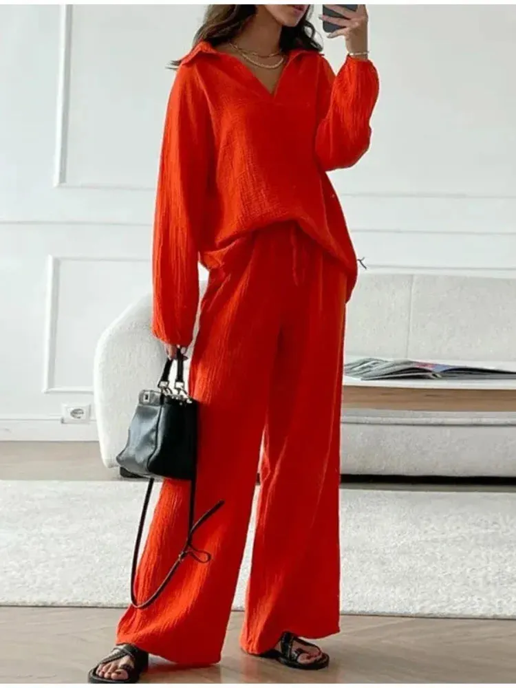 Znbbw Women's Pants Suit 2024 Spring Summer Solid Loose Long Sleeve Top Elastic Drawstring Wide Leg Trousers Chic Lady Home Pant Sets - Image 5