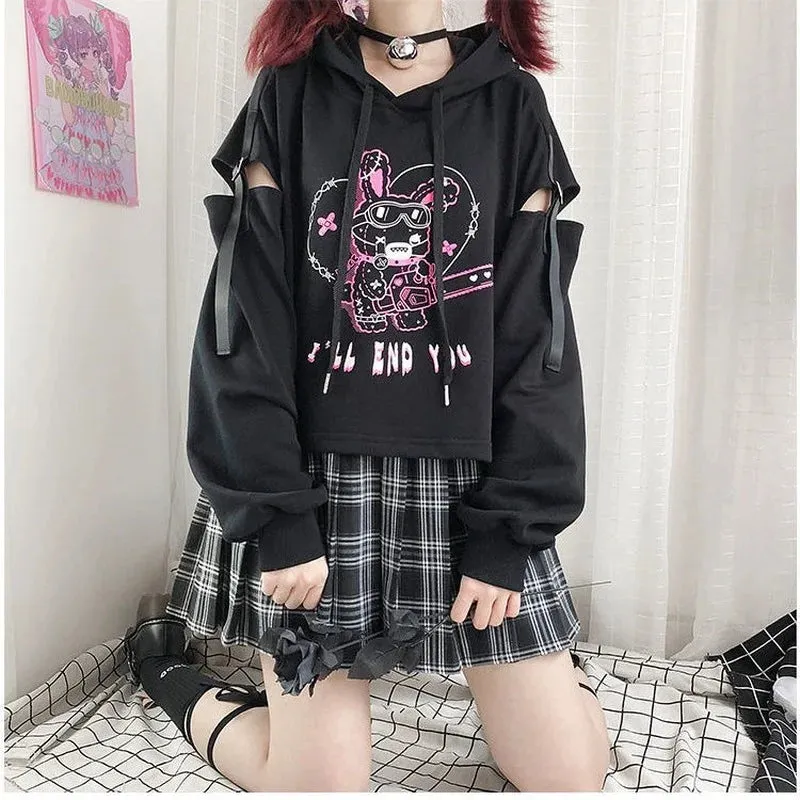 Znbbw Autumn New Hoodies Punk Gothic Patchwork Hollow Out Y2k Clothes Cartoon Print Casual Loose Preppy Style Crop Sweatshirts - Image 4