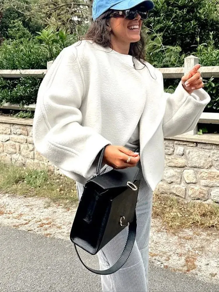 Znbbw Women's Fashion Solid Thicken Cropped Jacket Top Long Sleeve Warm Autumn Winter Cardigan Female Casual Loose Woolen Streetwear - Image 4