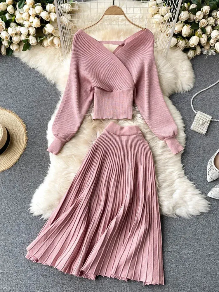 Znbbw Women Korean New Style Cross V-neck Puff Sleeve Short Waist Top + Elastic High Waist Pleated Skirt Knitting Two Piece D039 - Image 5