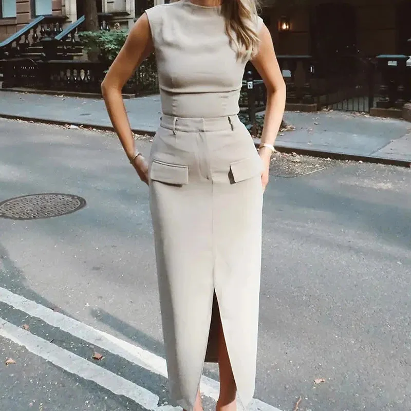 Znbbw 2 Piece Sets Women Outfit 2024 Spring Summer Chic Solid Slim O-neck Top High Waist Pocket Split Skirts Lady Skirt Set - Image 9