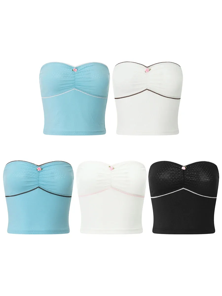 Znbbw Women Strapless Lace Flower Trim Tube Top Backless Off Shoulder Patchwork Slim Fitted Crop Top Cami Tops Bandeau Streetwear