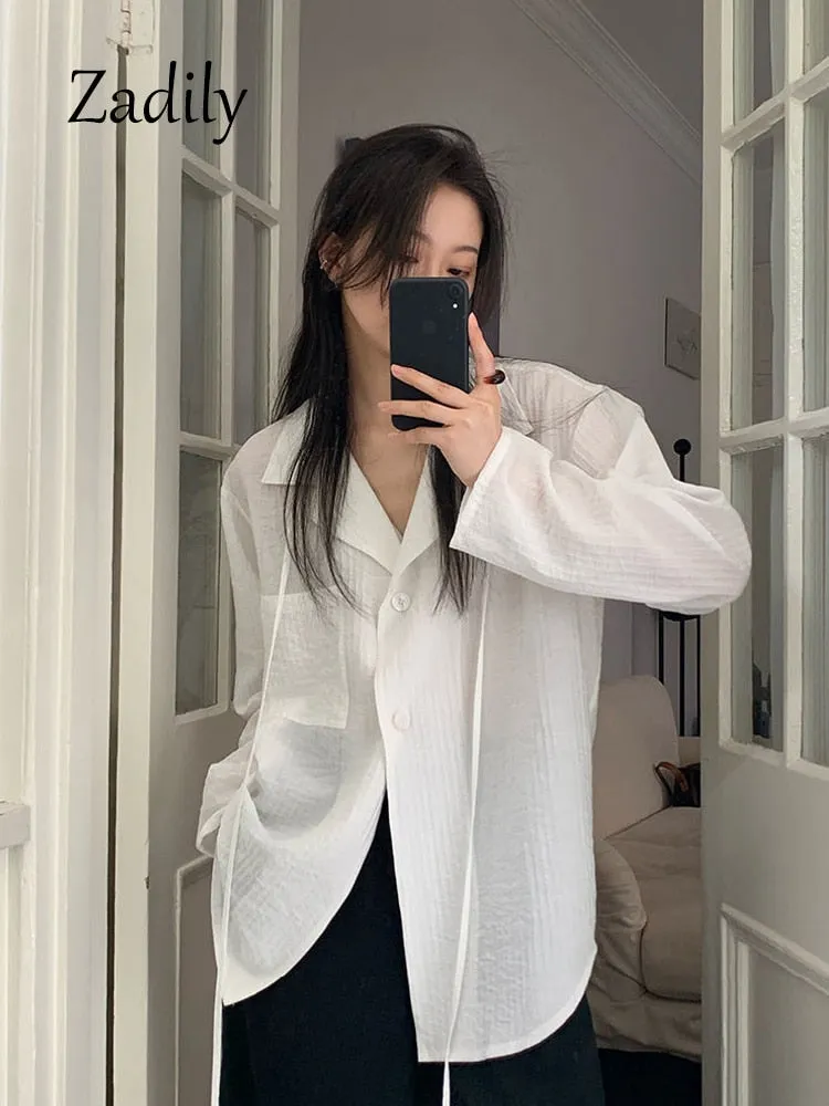 znbbw 2023 Summer Minimalist Long Sleeve Women White Shirt Oversize Button Up Striped Woman Tunic Blouse Female Clothing Top - Image 7