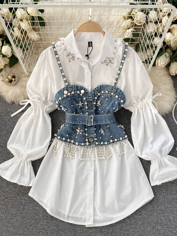 Znbbw Autumn New Blouse Women's Diamond Beaded Puff Sleeve Blusa Top Tassel Pearl Sling Waistcoat Two-piece Stacking Shirt C813 - Image 8