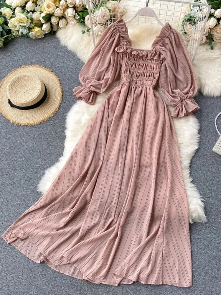 Znbbw Women's Dress New Square Collar Wooden Ear Bubble Sleeve Dress Korean Style Waist Slim Chiffon Female Dresses LL087 - Image 7