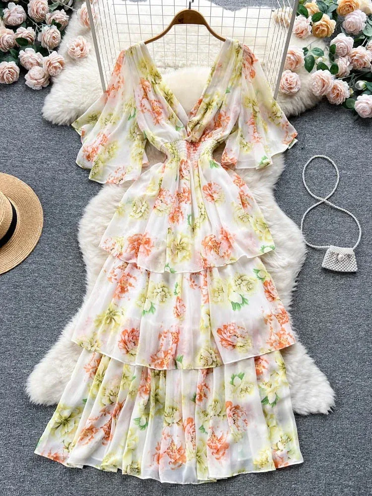 Znbbw Women Summer Dress New Style Gentle Style Short Sleeve V-neck Printed Waist Closing Cake Dress Sweet Fairy Vestidos D2548 - Image 4